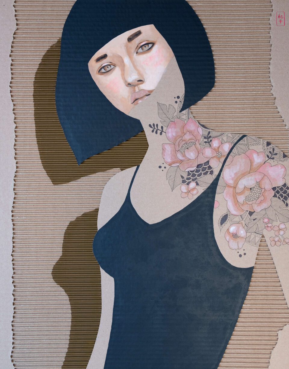Acrylic painting on cardboard features a beautiful woman with pink flower tattoos on her left shoulder. Darker brown colour close to the cardboards creates her shadow on Corrugated cardboard.