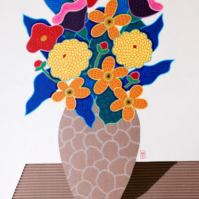 A colourful flower in the blown vase painted acrylic on Cardboard.
