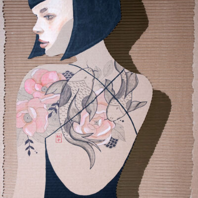 The unique cardboard painting of a beautiful lady with black hair with black dress shows her beautiful Koi fish tattoo with pink flowers by top emerging artist Noriko Fukui.