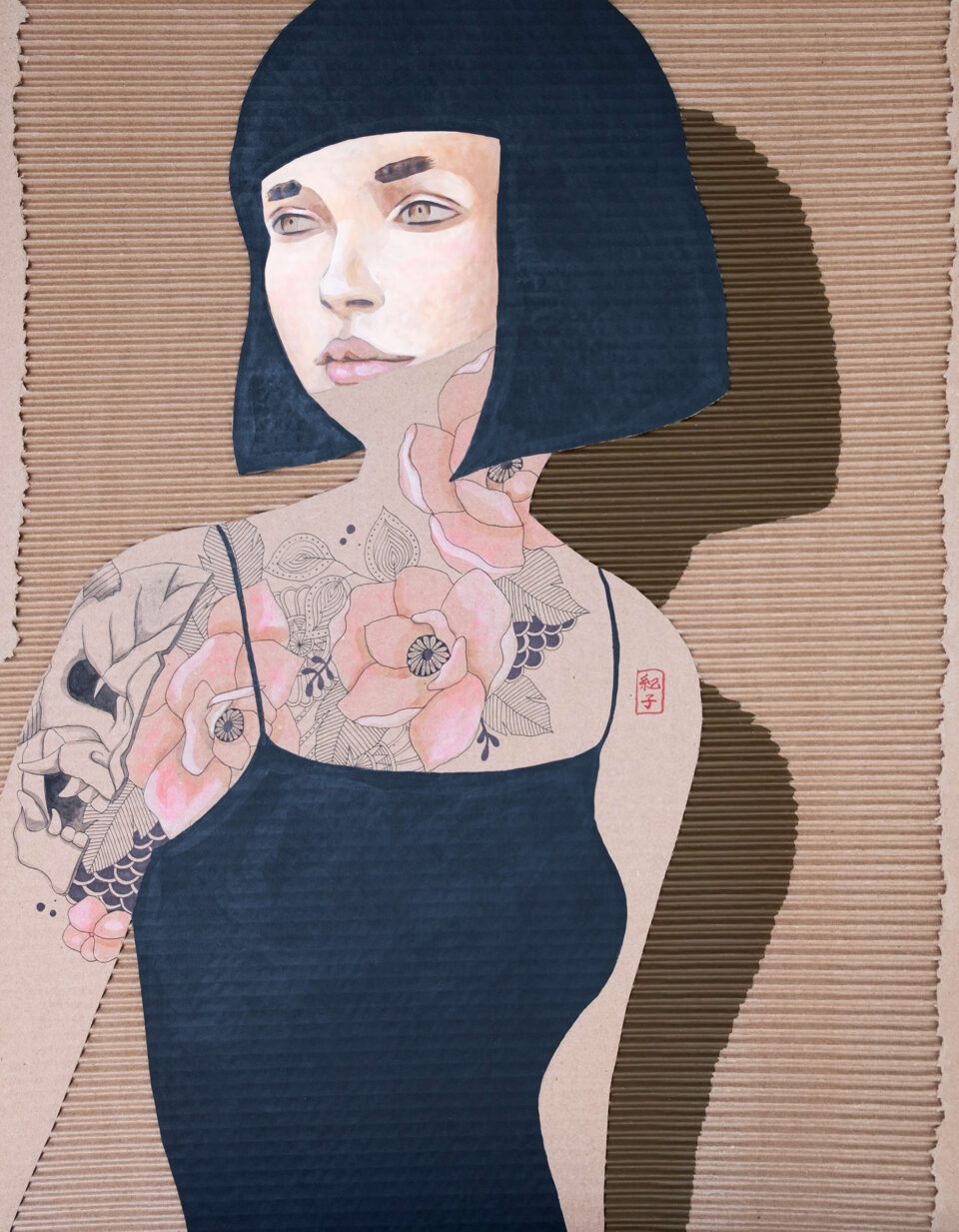 A female with black hair with a Japanese demon tattoo on her arm and chest. Japanese evil tattoo ( One ) symbolizes protection for an evil force—emerging artist Noriko Fukui’s unique portrait with acrylic on Cardboard.